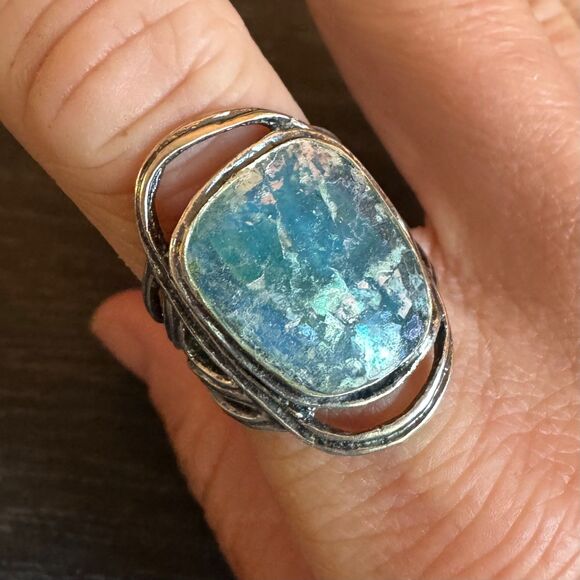 Vintage PZ Israel Roman Glass & Sterling Silver Ring, Size 8.8 by Paz Blue 925 - Picture 3 of 16